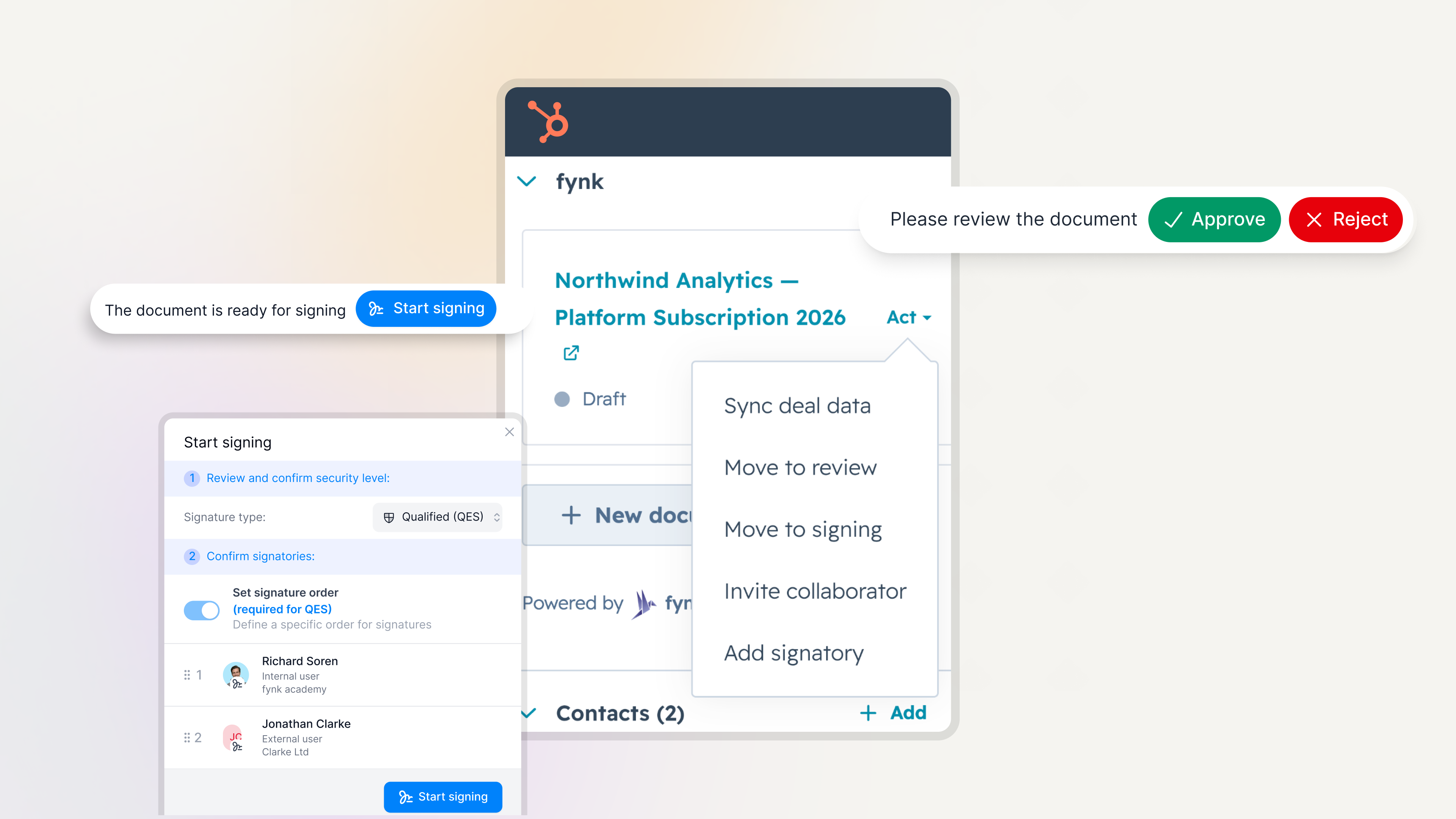 The fynk card's actions menu on a HubSpot record