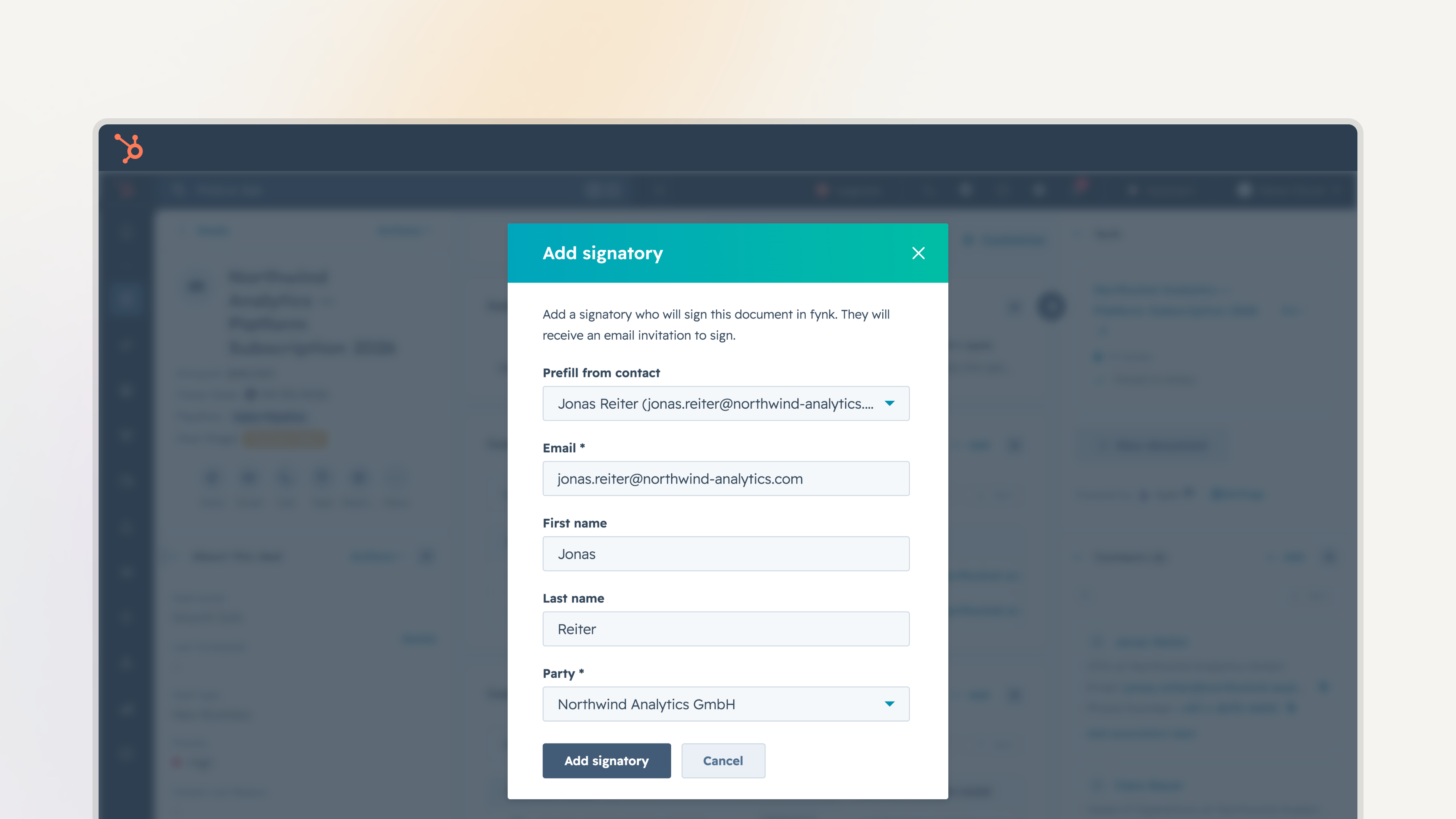 Adding a signatory with details prefilled from the record's contacts