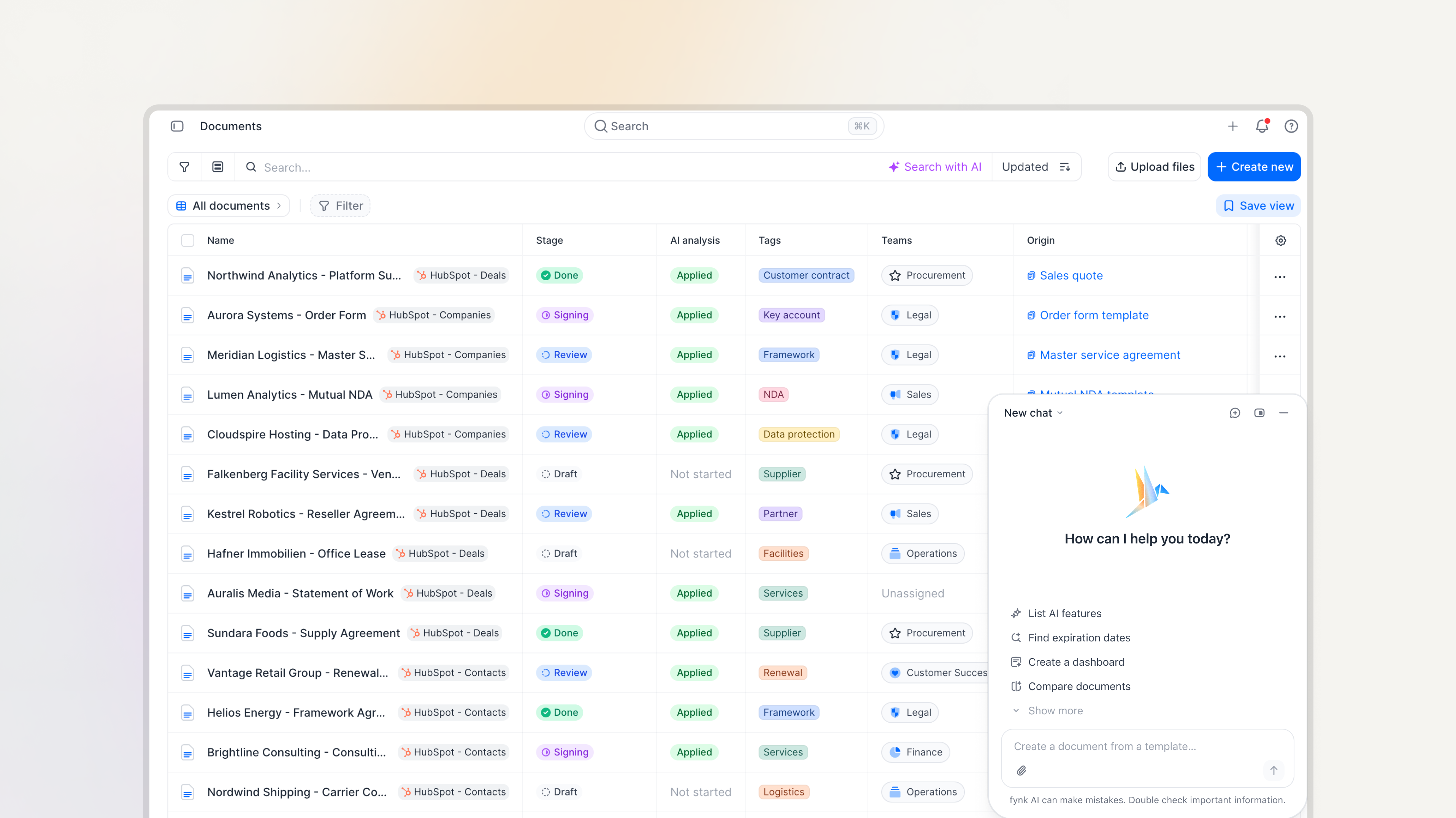 HubSpot documents in document list