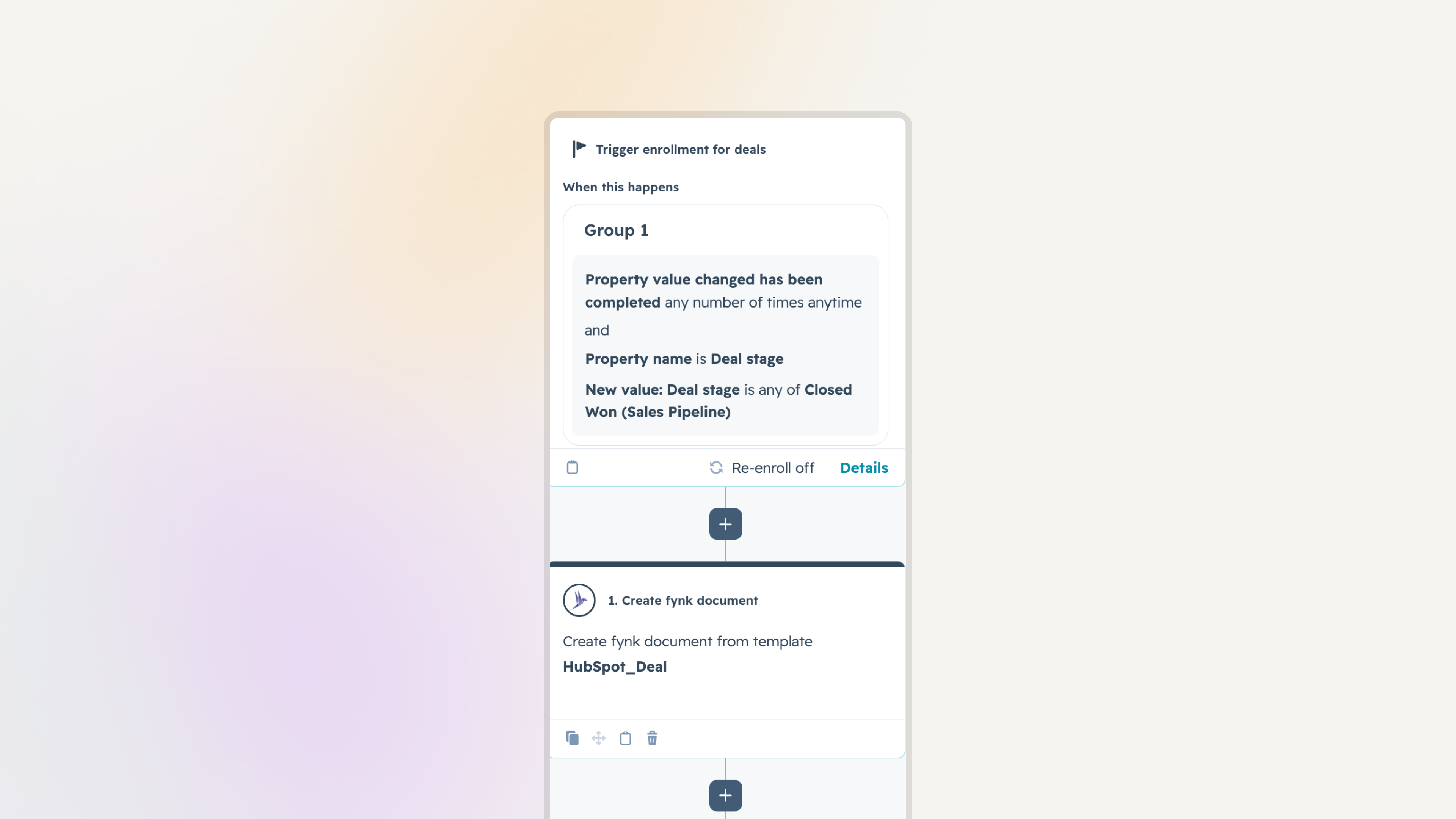HubSpot workflow action creating a fynk contract when a deal is won